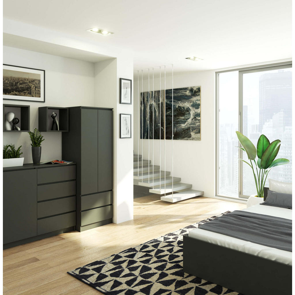 Thumbnail - Akord Kleiderschrank, Graphit, Holzwerkstoff, Nachbildung, 1 Fächer, 2 Schubladen, Rechteckig, 60x180x51 cm, Schlafzimme...