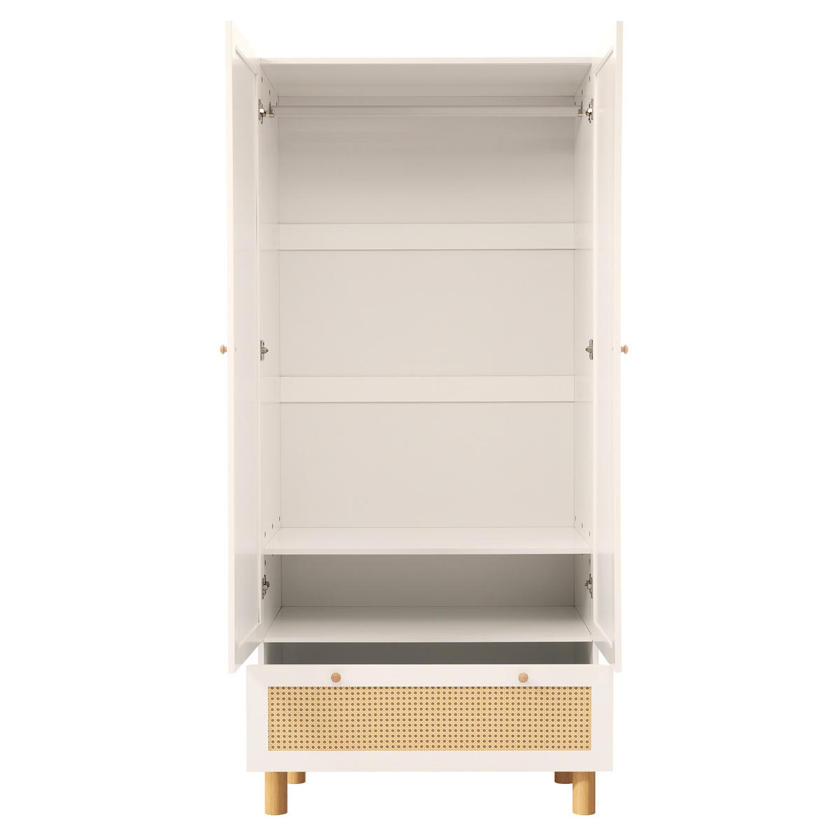 GARDEROBENSCHRANK mit Rattan-Türen, großer Schublade und Kleiderstange in Weiß - Weiß/Naturfarben, Holz/Holzwerkstoff (85.5/180.5/52cm) - EVRYAE