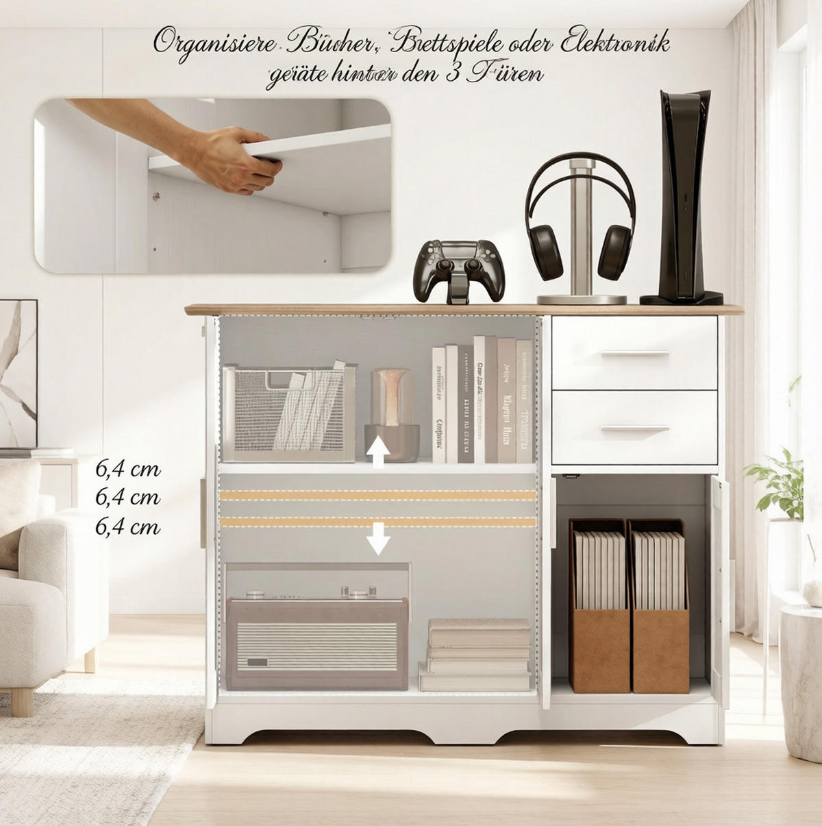 WOHNZIMMERSCHRANK in Weiß und Naturholz-Optik 100x40x78 cm mit 2 Türen und 2 Schubladen - Weiß, Holzwerkstoff (40/78/100cm) - IVMEU