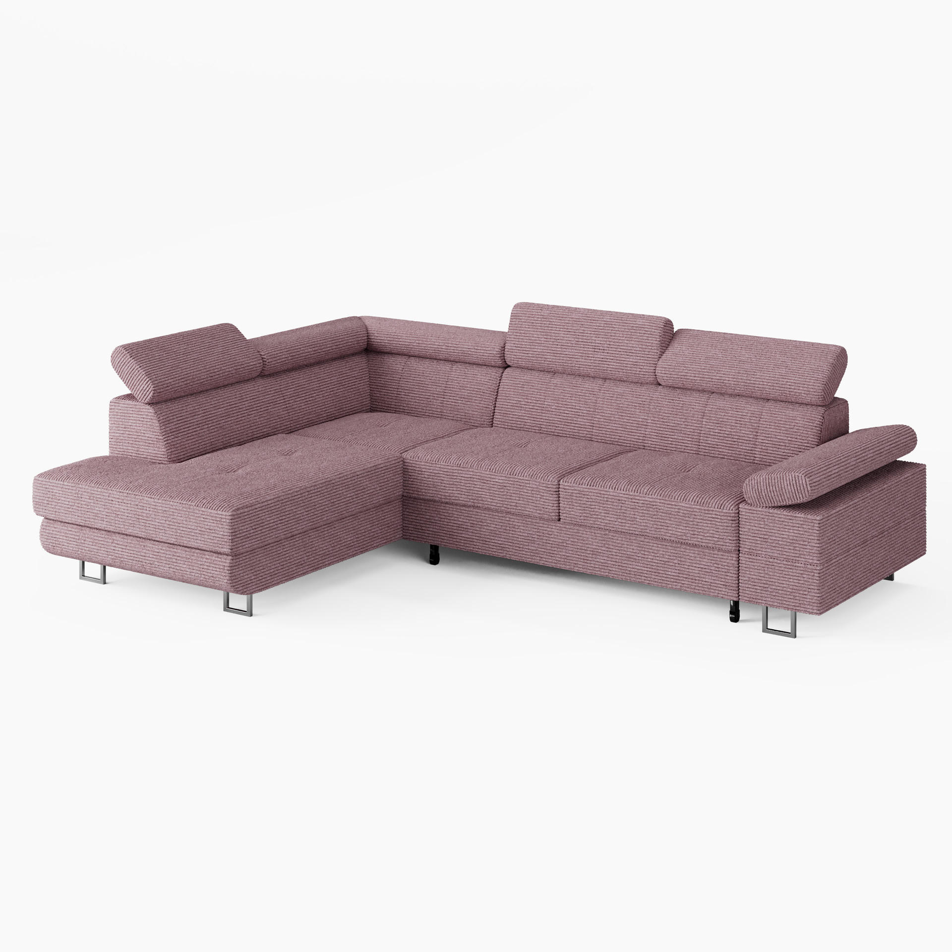 ECKSOFA CAROLINE Links Rosa Cord-Stoff L-Form Couch mit Schlaffunktion & Bettkasten - Chromfarben/Pink, Textil (253/190cm)