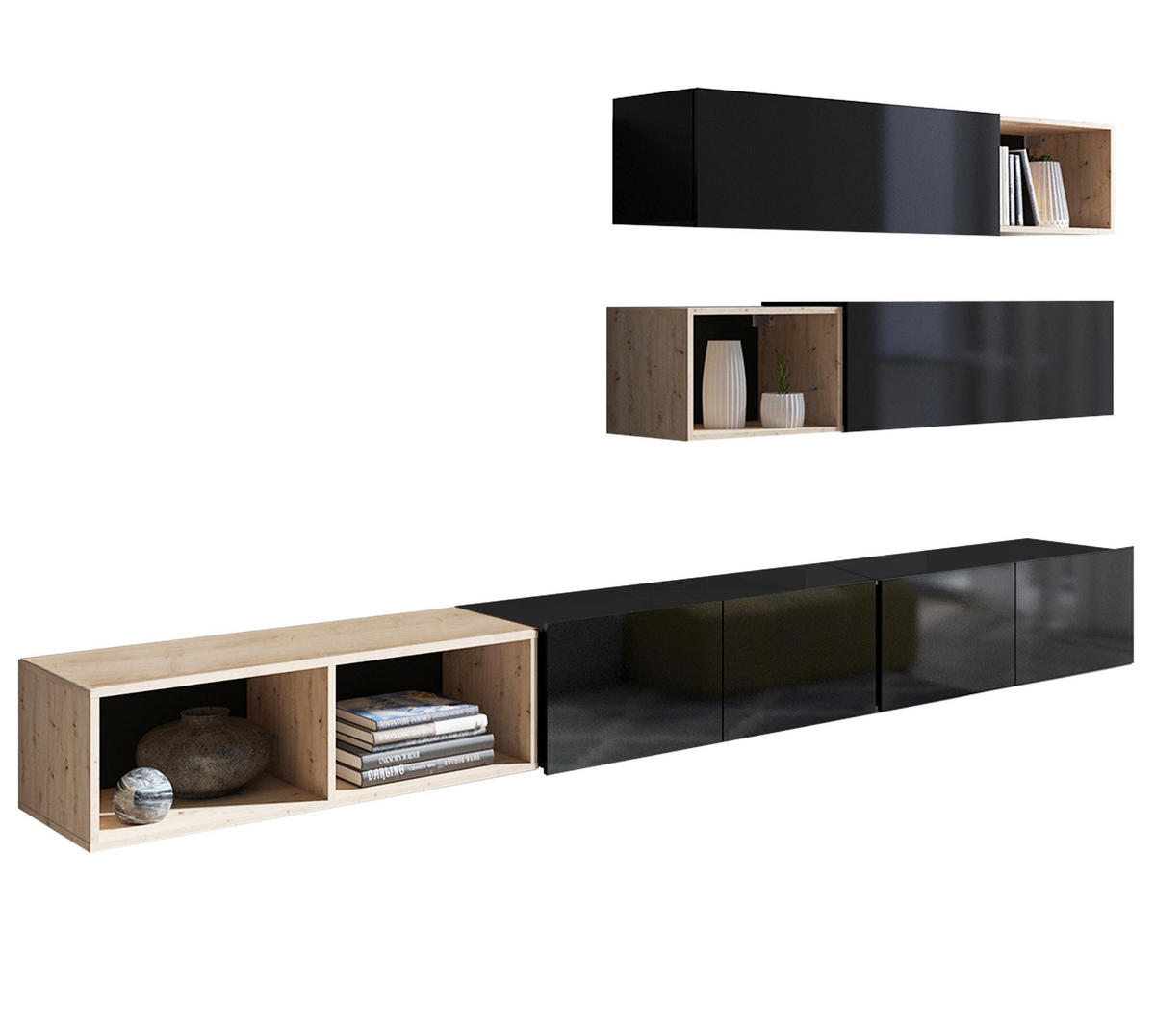 WOHNWAND Kossana 25 Modern Schwarz/Goldene Eiche 300/104/43 cm Schrankwand - Schwarz, Holzwerkstoff/Kunststoff (300/105/43cm) - AX Living