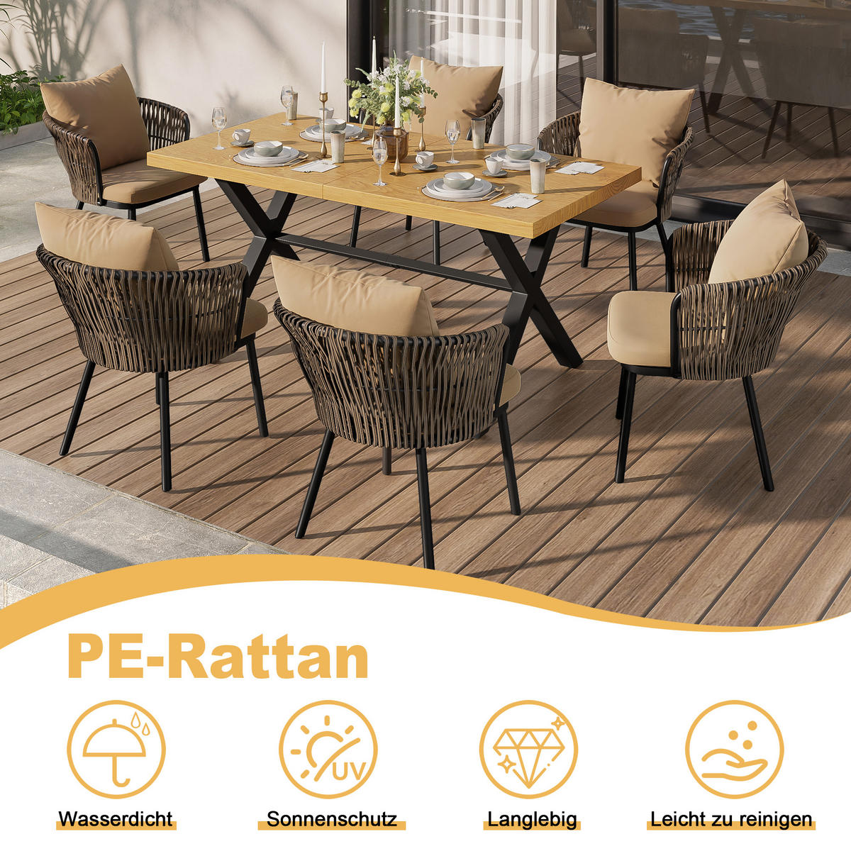 GARTENLOUNGE-SET Gartengarnitur mit 6 Stühle und Tisch Gartenmöbel-Set Terrassenmöbel - Beige/Multicolor, Textil/Metall - STILVORA