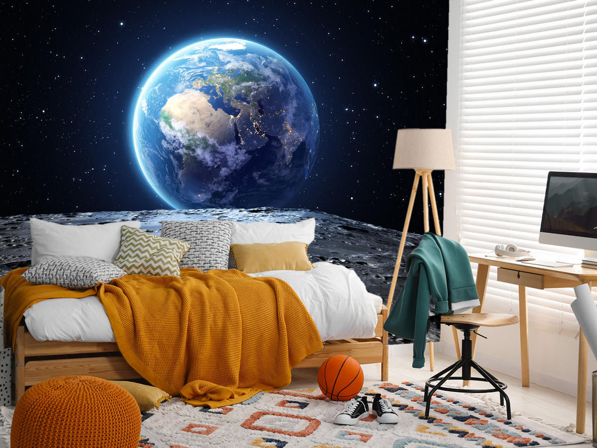 FOTOTAPETE für Schlafzimmer Mondblick Erde Kosmos Planet 500x350 - Blau/Schwarz, Papier (500/350cm) - Muralo