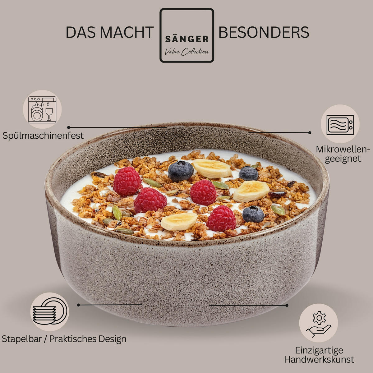 SCHALEN SET KAIRO GRAPHIT - 6 teilig aus Steingut - Braun, Keramik (38.5cm) - Sänger