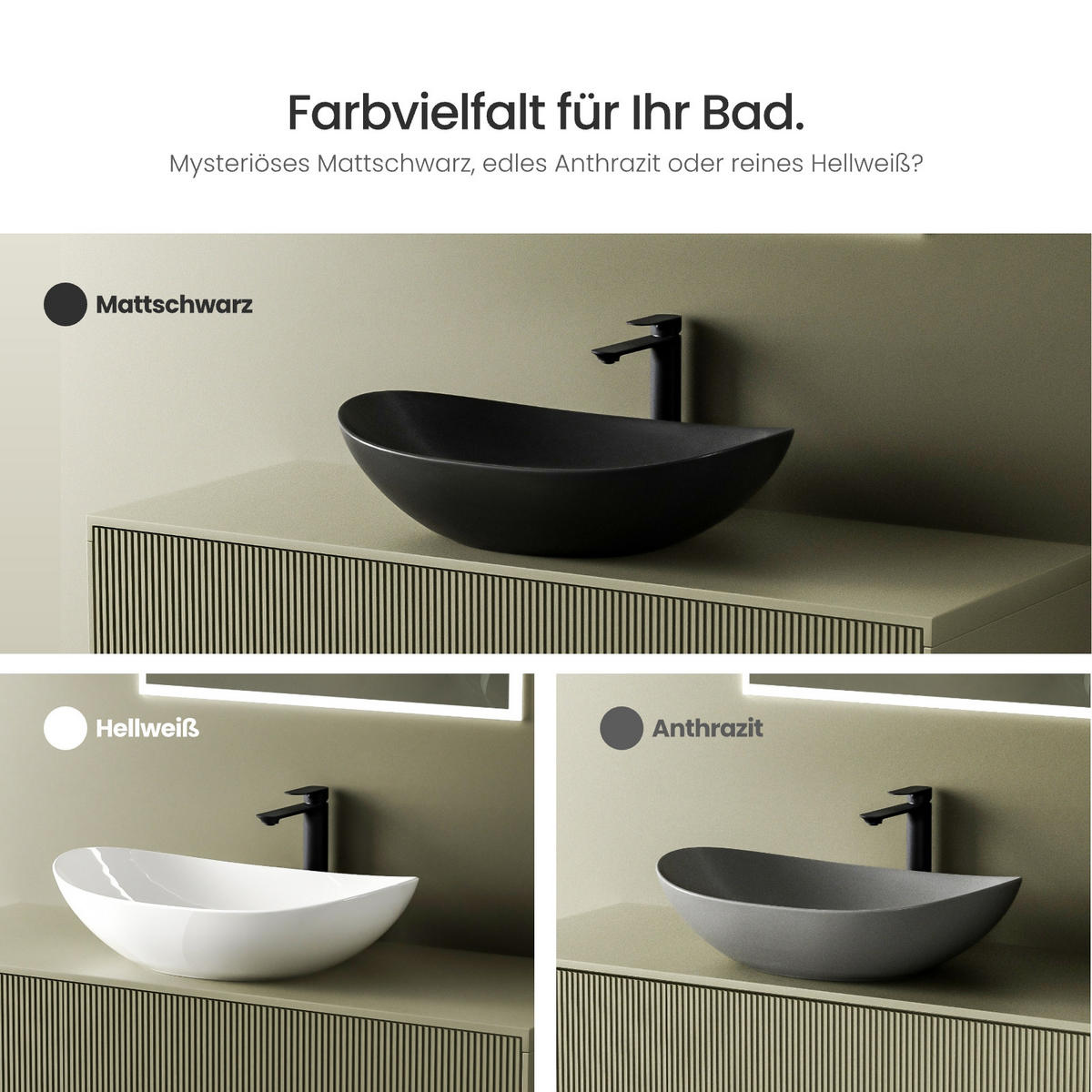 WASCHBECKEN Oval Keramik Mattschwarz 61.5 /36/15.5 cm - Schwarz, Keramik (36/15.5/61.5cm) - EMKE
