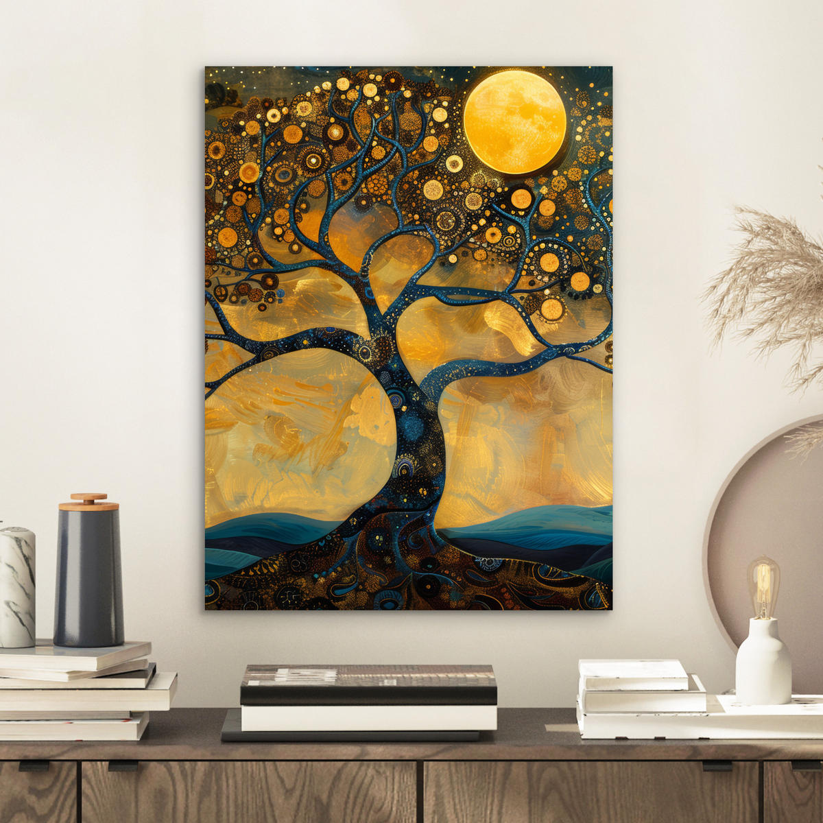 KOVOVÝ OBRAZ Strom - Mesiac - Kvety - Zlato - Umenie 30x40 cm - oranžová, kov (30/40cm) - MuchoWow