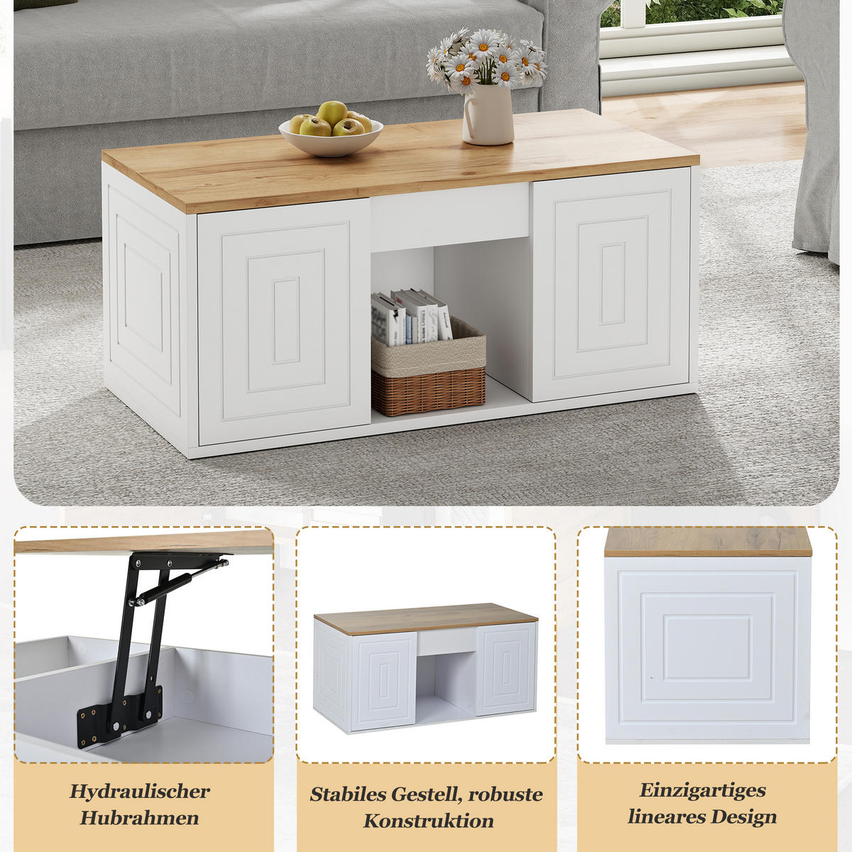 COUCHTISCH Höhenverstellbarer Multifunktionstisch mit Stauraum, Rillen-Design, Doppeltür-Schrank, Holz/Weiß - Weiß, Holzwerkstoff (95/46/45cm) - EVRYAE