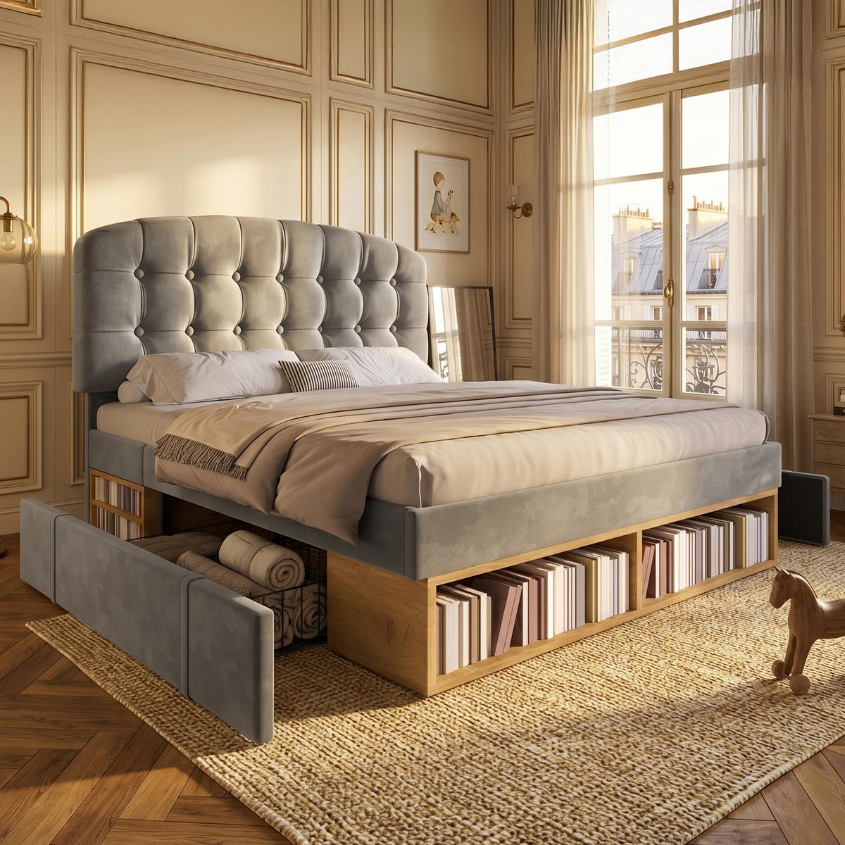POLSTERBETT Samt Grau 140x200 mit Stauraum und verstellbarem Kopfteil - Grau, Textil (140/200cm) - Urban Meuble