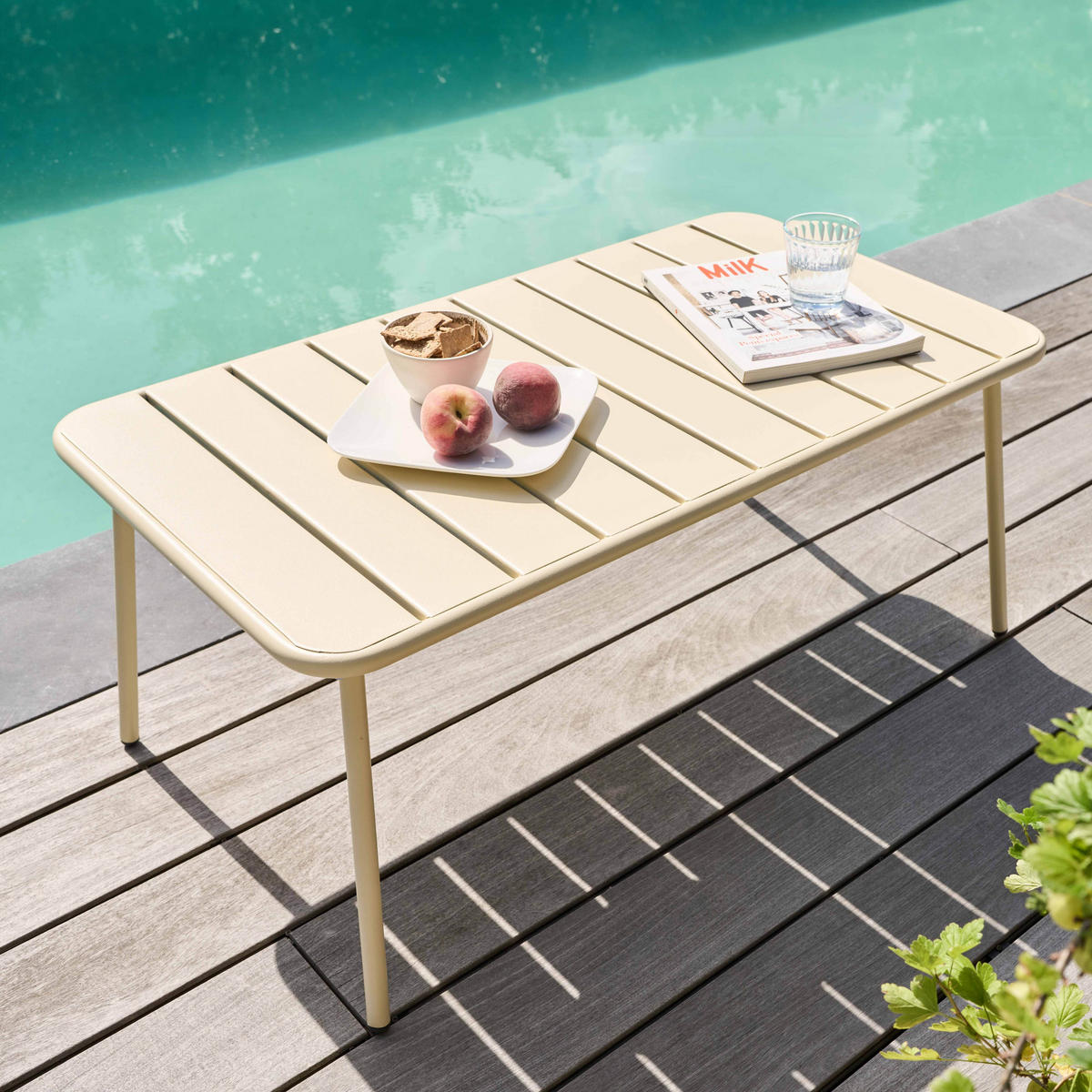 GARTEN-LOUNGETISCH, Elfenbeinfarbe - Creme, Metall (90/50/40cm) - Oviala