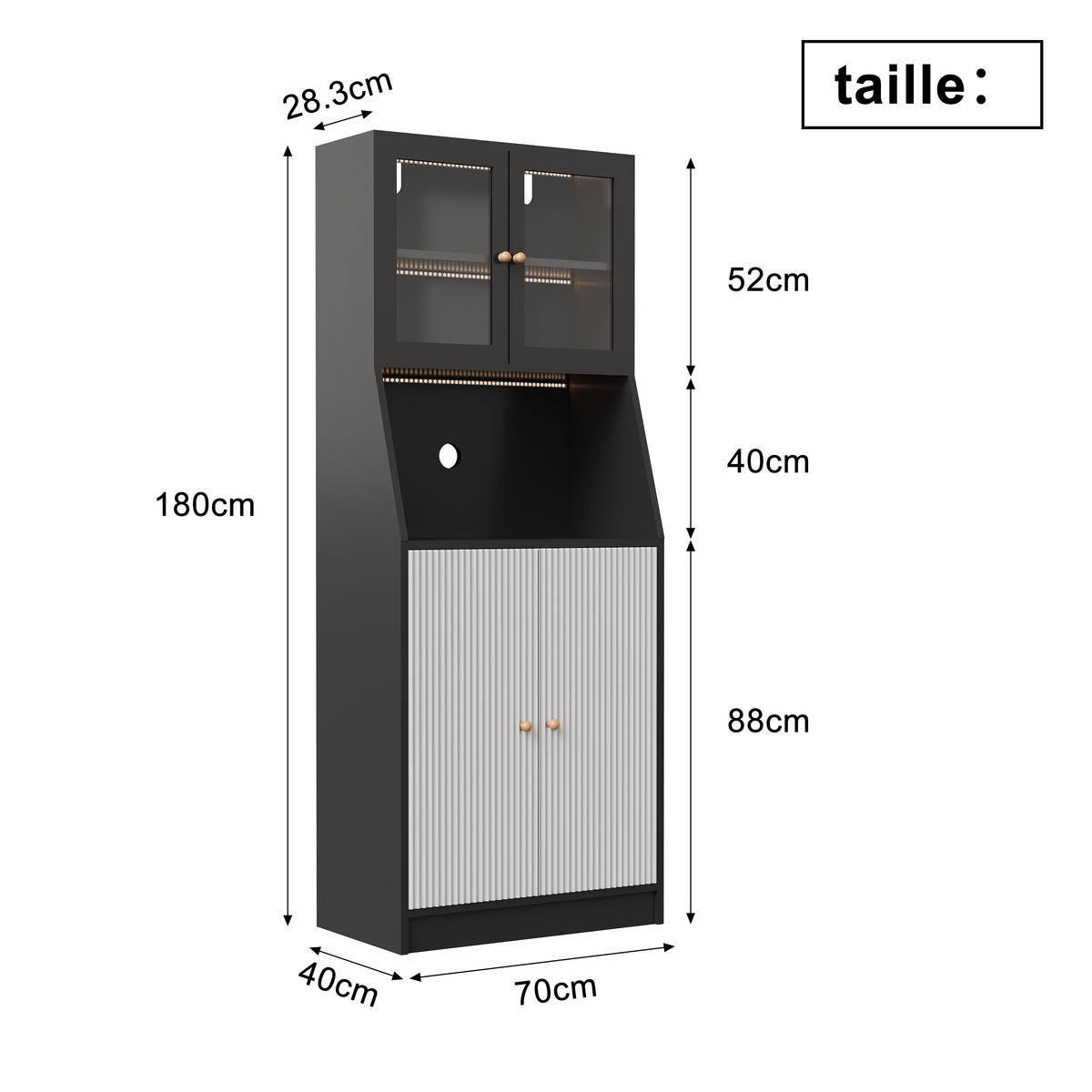 BUFFET hoch 40x70x180 cm LED Arbeitsplatte Stauraum schwarz - Schwarz, Holz (70/180/40cm) - Fortuna Lai