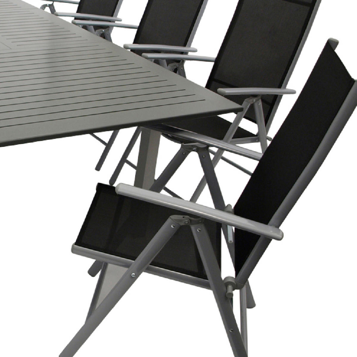 GARTEN-GARNITUR Ashford - 9-teilige Garten-Essgruppe (8x Klappsessel mit Aluminiumgestell grau, Bespannung Textilene schwarz - Schwarz, Metall - TPFGarden