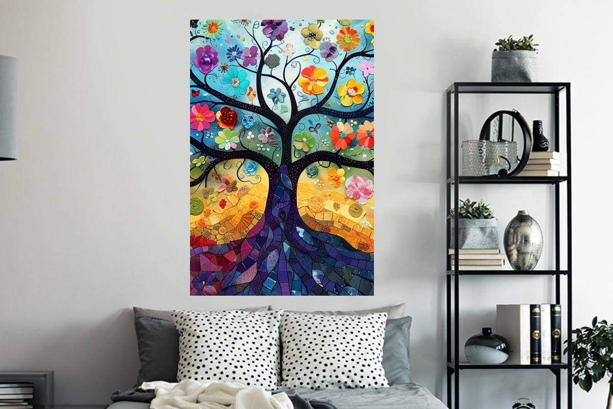 WANDTATTOO Kunst - Baum des Lebens - Blumen - Hippie 80x120 cm - Dunkelblau, Kunststoff (80/120/0.1cm) - MuchoWow