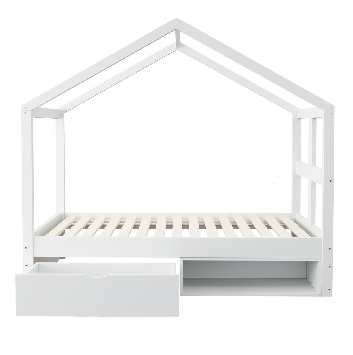 JUGENDBETT 90/190 cm aus Kiefernholz mit Schublade Schuhschrank und LED-Beleuchtung Weiß - Weiß, Holz (90/190cm) - Modenvie