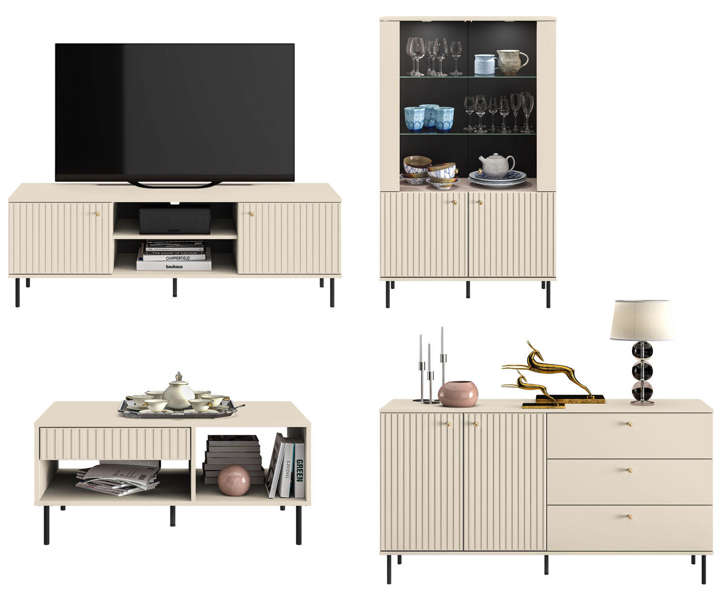 WOHNZIMMER-SET Sophie kaschmir matt 4-teilig - Kaschmir/Braun, Holz/Holzwerkstoff (412/151/60cm) - Feldmann-Wohnen