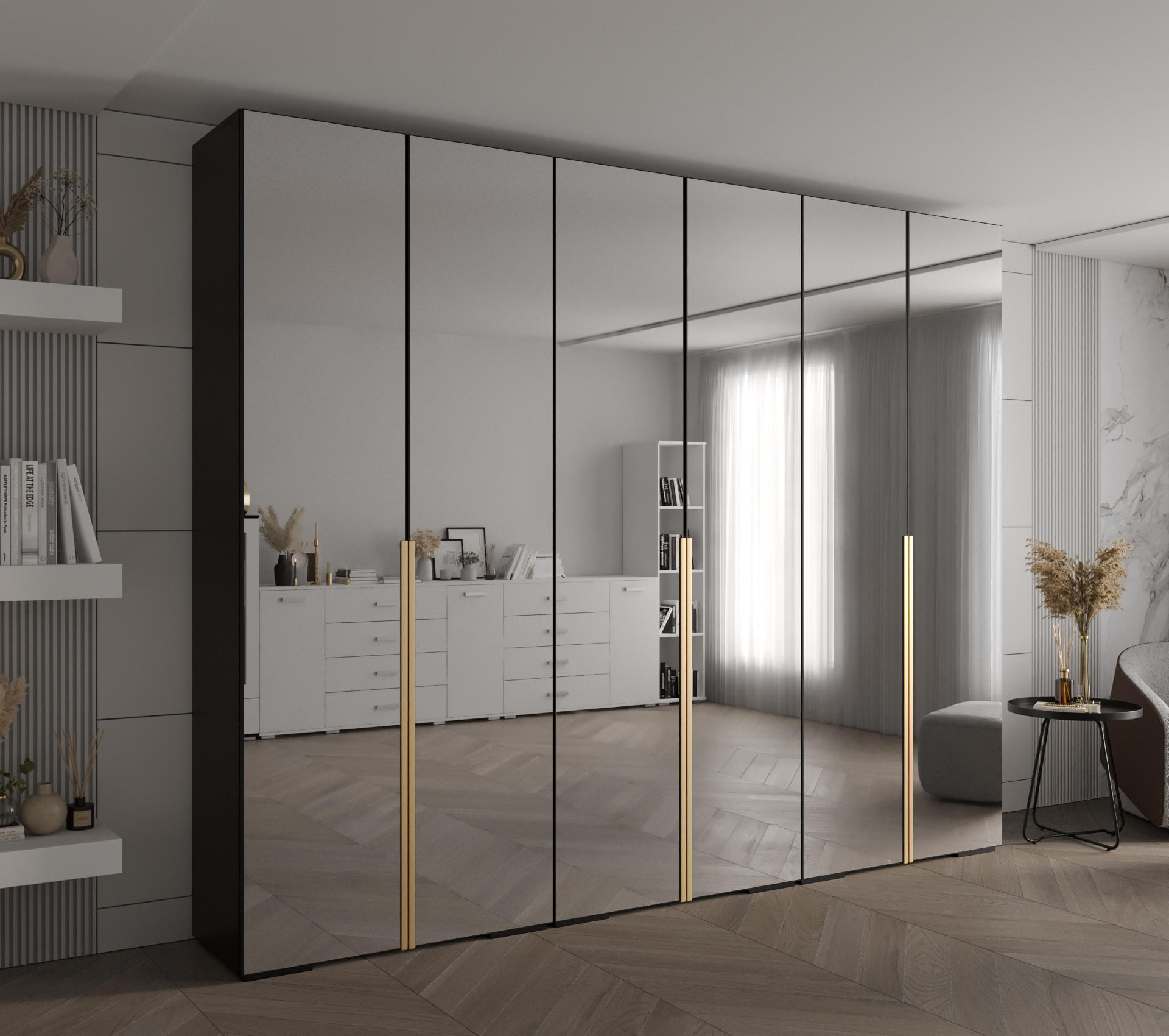 DREHTÜRENSCHRANK 236.7/300/47 6-türig - Goldfarben/Schwarz, Holz/Metall (300/236.7/47cm) - Abiks Möbel