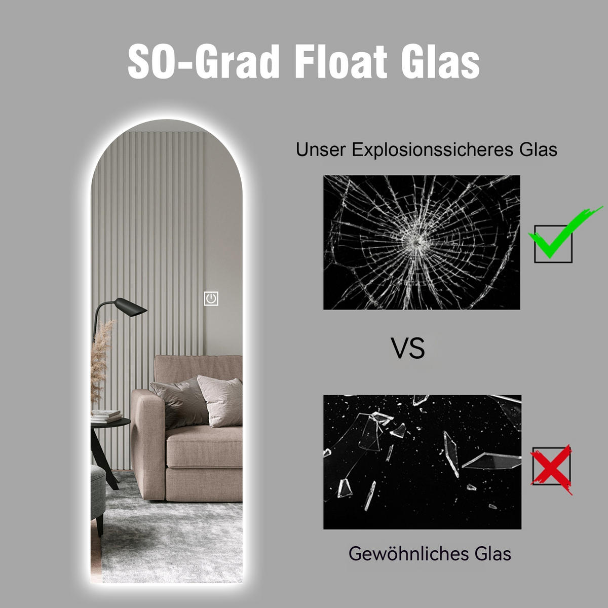 STANDSPIEGEL LED bogenförmig – Ganzkörperspiegel dimmbar, hochauflösend, bruchsicher, freistehend oder Wandmontage, hell beleuchtet - Silberfarben, Glas (50/3/165cm) - Ej. Life