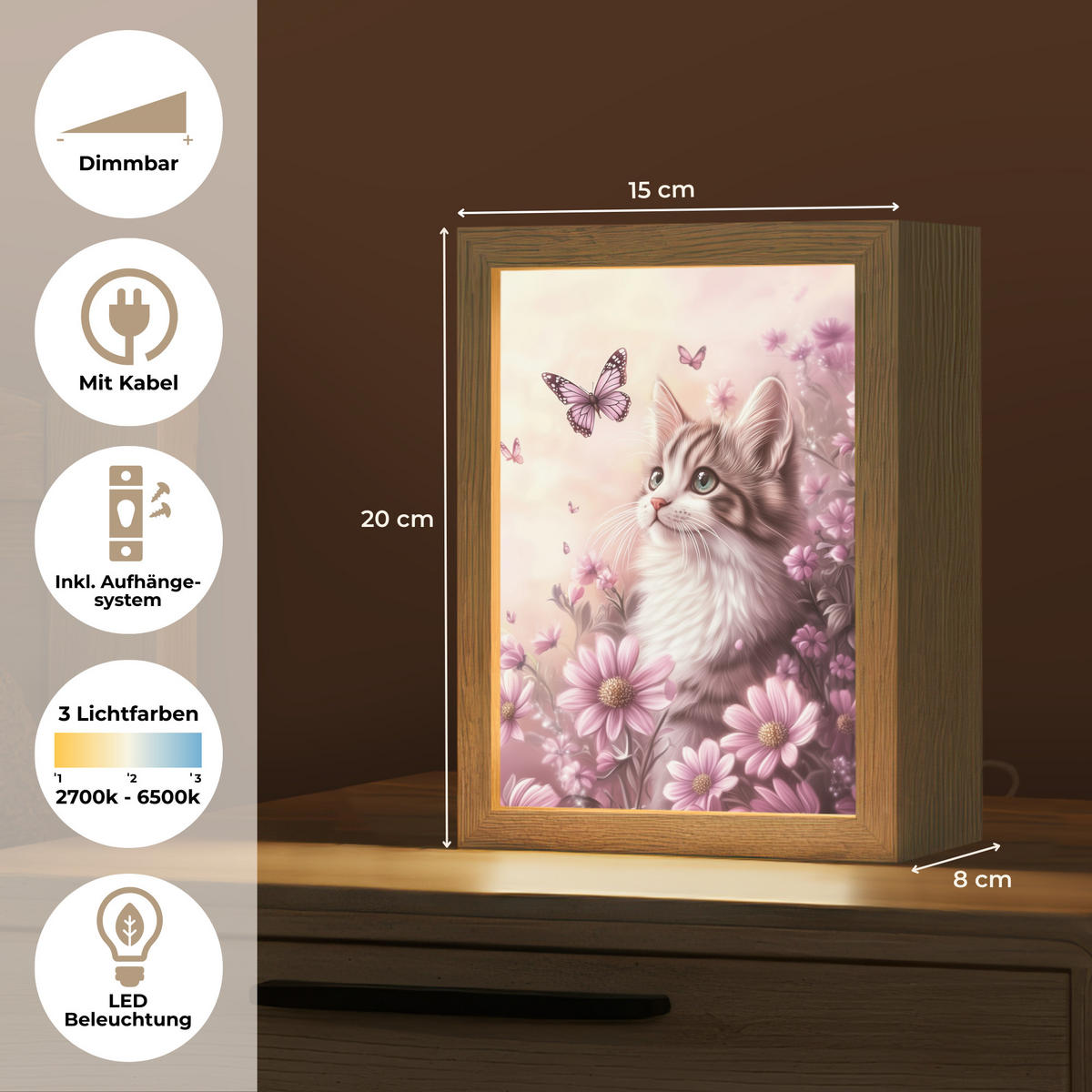 NACHTTISCHLAMPE Kätzchen - Blumen - Schmetterlinge - Lila 15x20 cm - Altrosa, Holzwerkstoff (8/15/20cm)