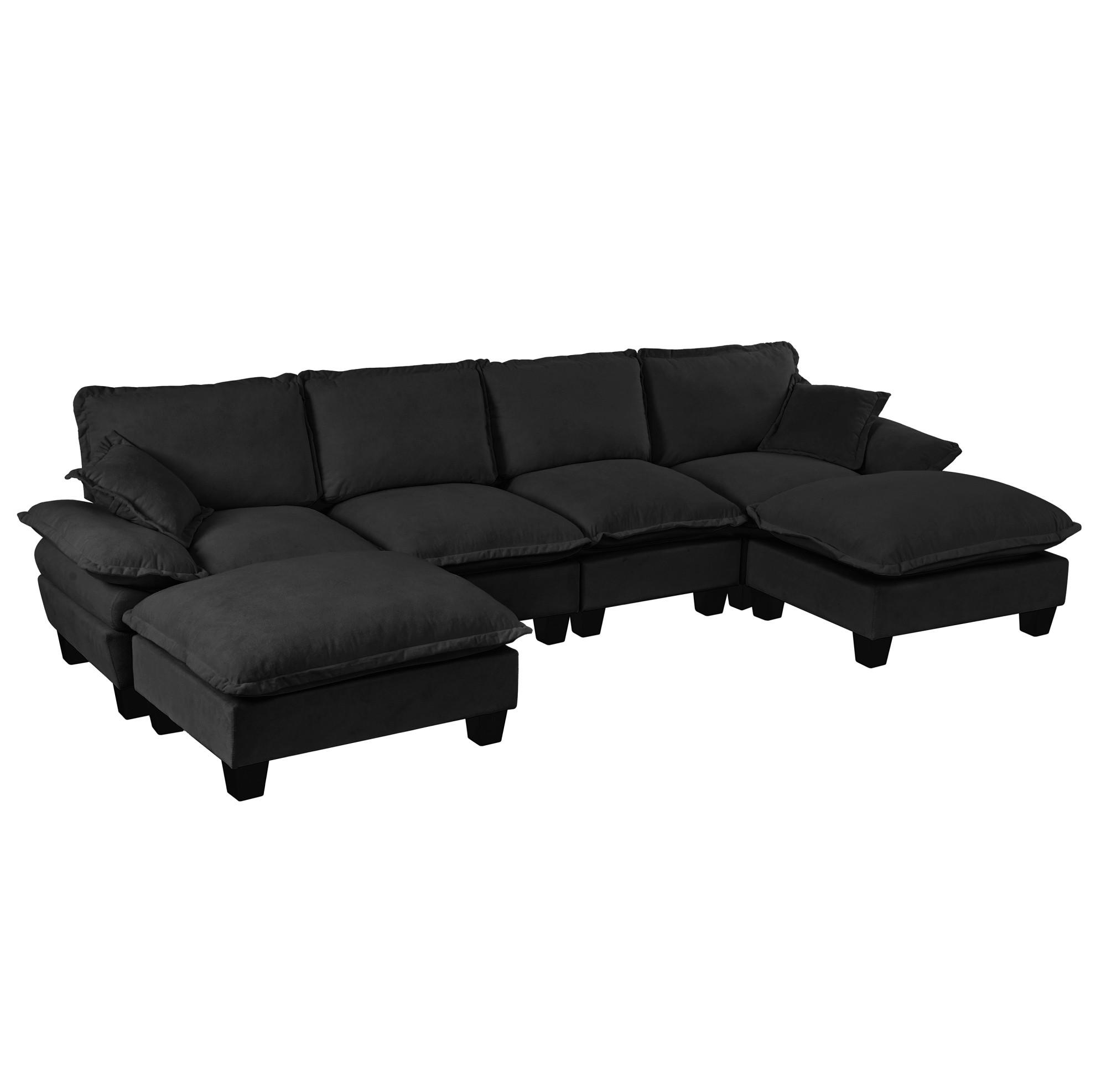 SOFA aus Chenille 334x155x90 cm in Schwarz mit Ottomanen-Modul - Schwarz, Textil (155/90/334cm) - Modfu