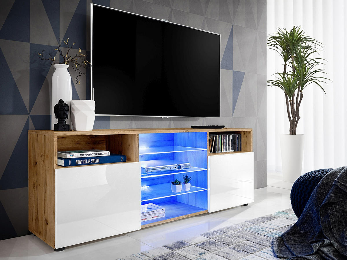 SIDEBOARD TV URBINO Eiche Wotan, Blau LED Beleuchtung - Eiche Wotan/Weiß, Glas/Holzwerkstoff (140/53/35cm) - Komodee