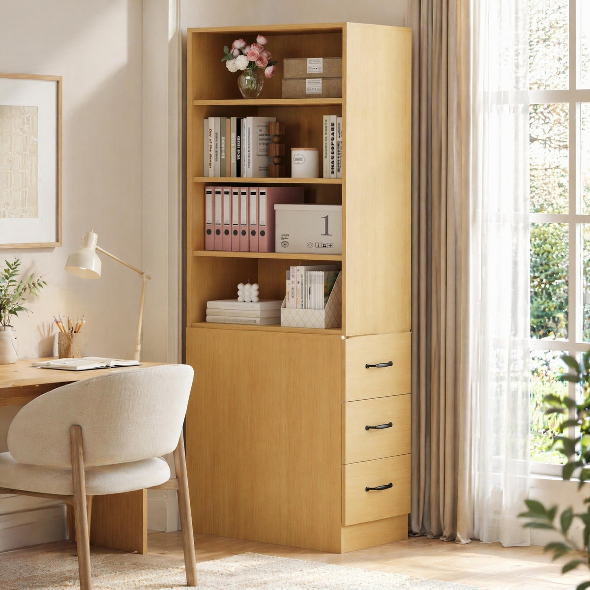BÜCHERREGAL in Eichenfarben Eckregal mit Schubladen für kleine Räume und Wohnzimmer, B60/T38/H180 cm - Eichefarben, Holzwerkstoff (60/180/36.5cm) - STILVORA