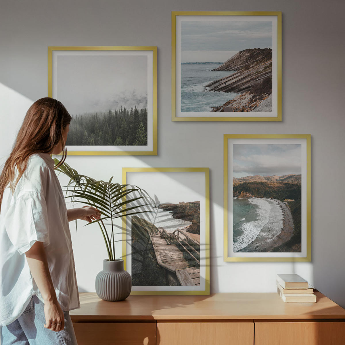 BILDER SET 4er Set - 50x50 cm & 40x60 cm Goldrahmen - Klippenblicke, Strandlandschaften - Goldfarben, Kunststoff (50/50cm) - TULUP
