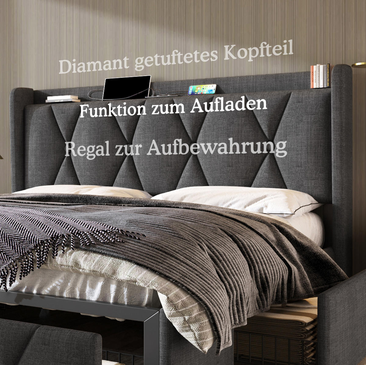 POLSTERBETT 160/200 cm mit USB-Anschlüssen, Steckdosen und 4 Schubladen, Leinenoptik, Grau - Grau, Textil (160/200cm) - Redom
