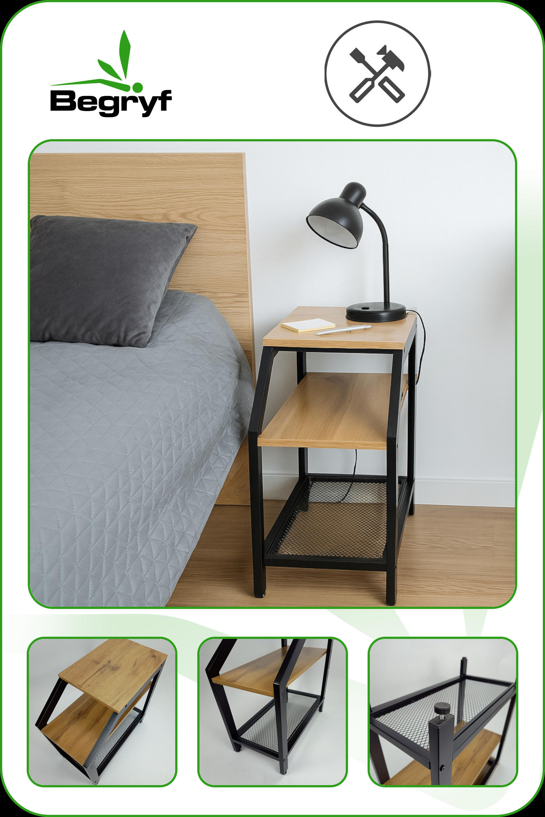 BEISTELLTISCH Metall Holzoptik Erlefarben Schwarz 3 Ablagen 59x30x60 cm - Erlefarben/Schwarz, Holzwerkstoff/Metall (30/59/60cm) - Begryf