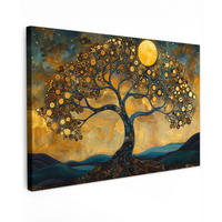 LEINWANDBILD Baum - Mond - Blumen - Gold - Kunst Wanddeko 90x60 cm - Orange, Textil (90/60cm) - MuchoWow