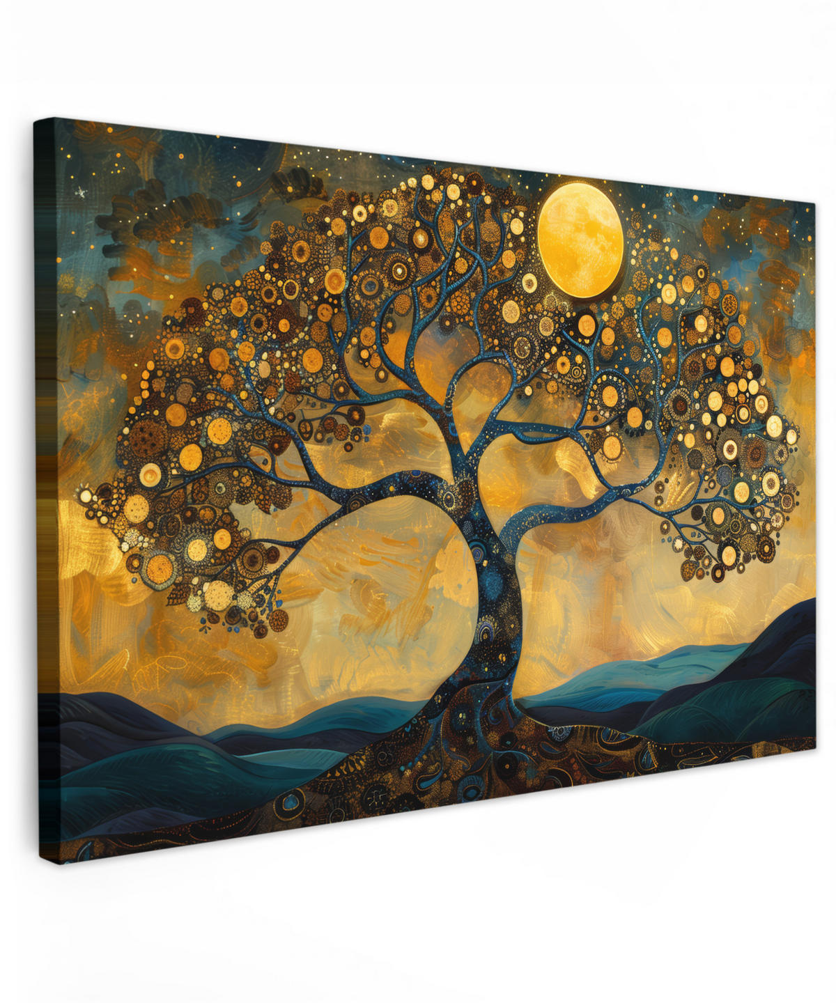 LEINWANDBILD Baum - Mond - Blumen - Gold - Kunst Wanddeko 90x60 cm - Orange, Textil (90/60cm) - MuchoWow