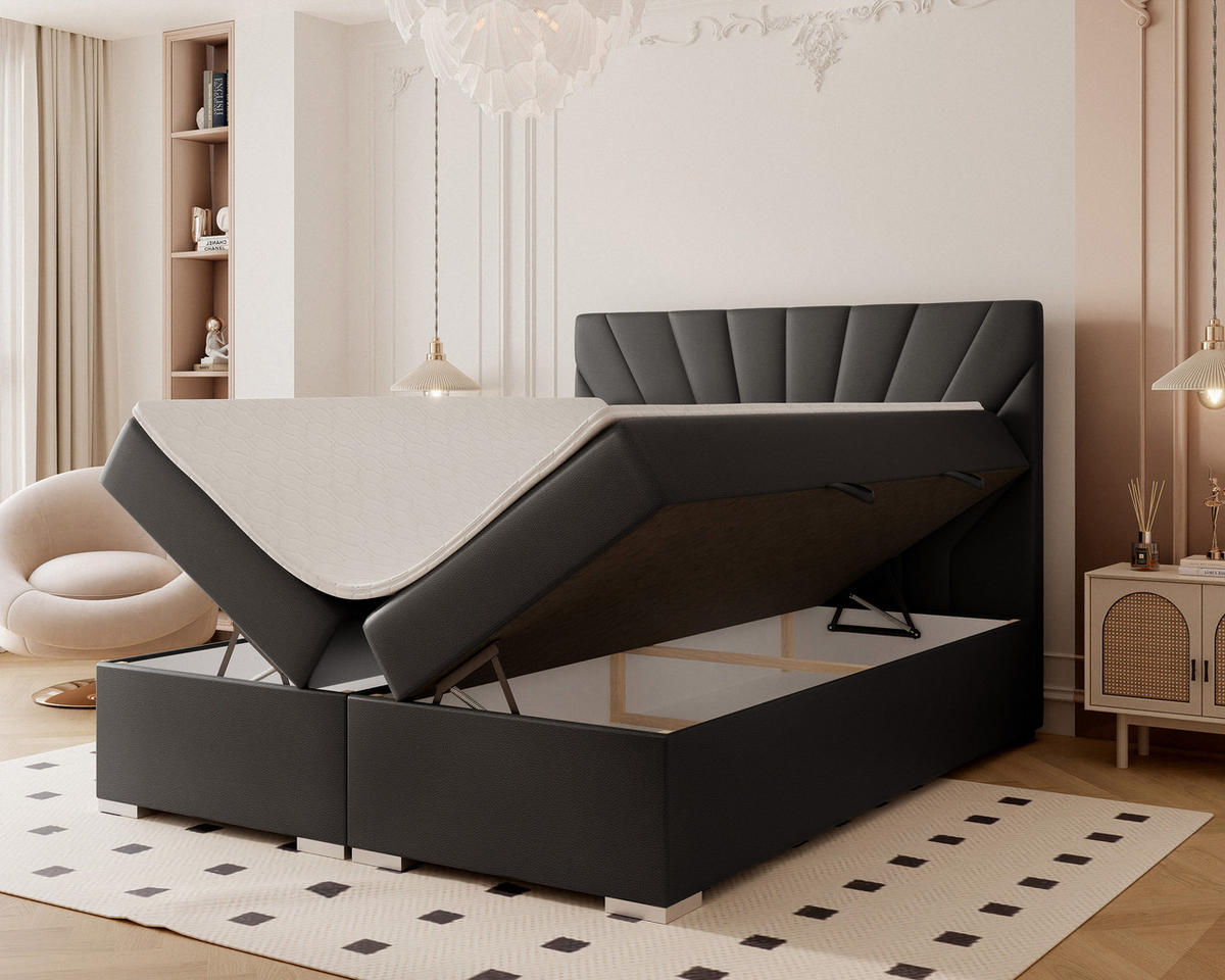 BOXBETT OASIS 140/200 cm mit Matratze und Topper, Schwarz - Chromfarben/Schwarz, Textil/Metall (140/200cm) - Idohome