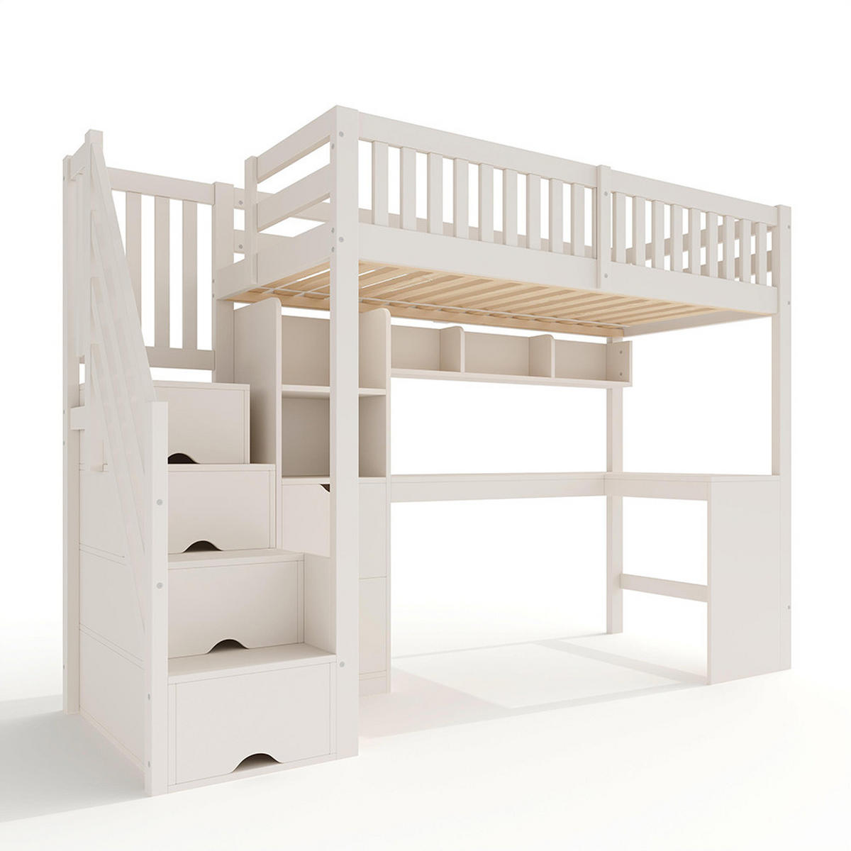 HOCHBETT 90x200 cm mit Treppenschrank in Weiß - Weiß, Holz (90/200cm) - KOMHTOM