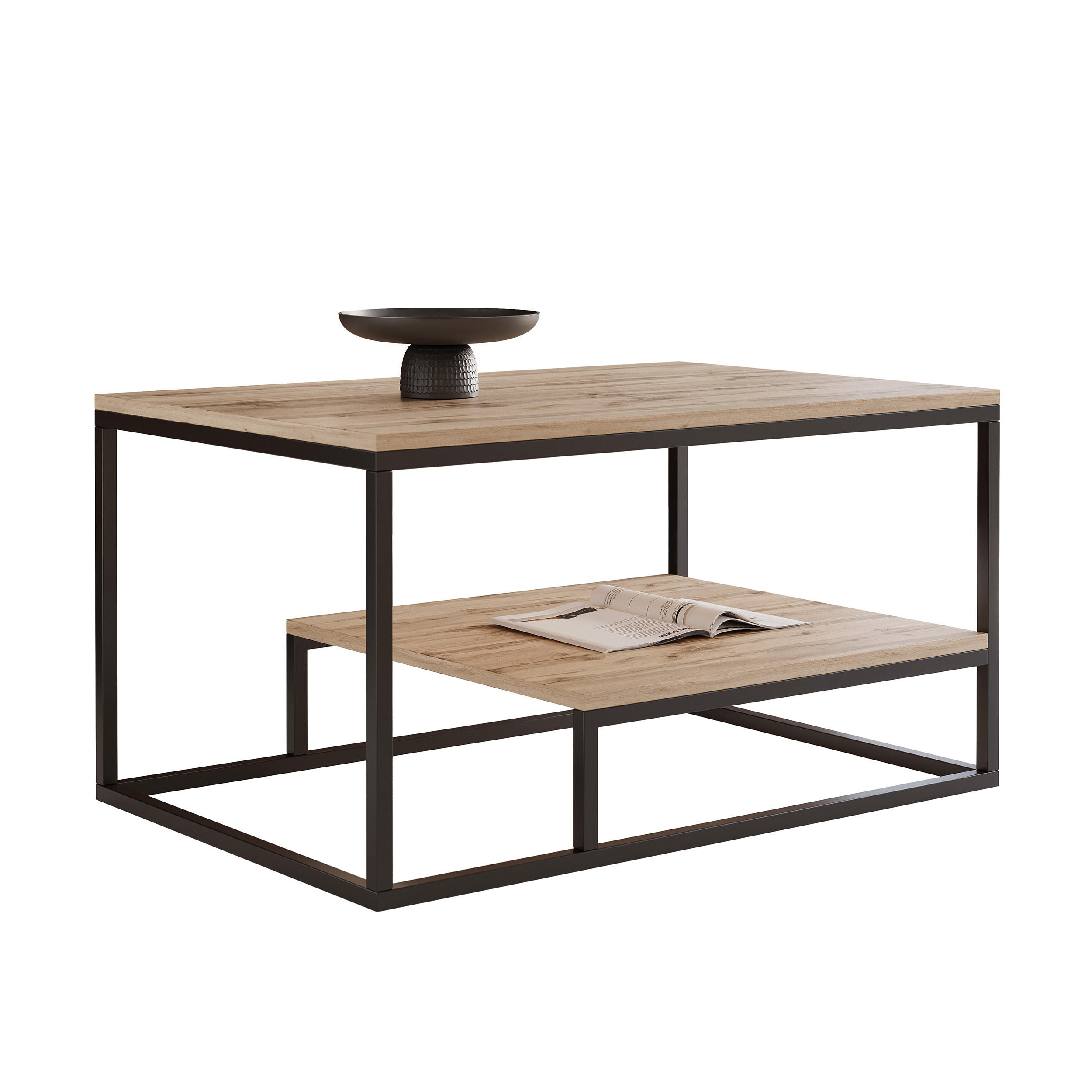 COUCHTISCH LETO 90/68/48 cm, rechteckig, Schwarz / Wotan-Eiche - Eiche Wotan/Schwarz, Holzwerkstoff/Metall (68/90/48cm) - Idohome