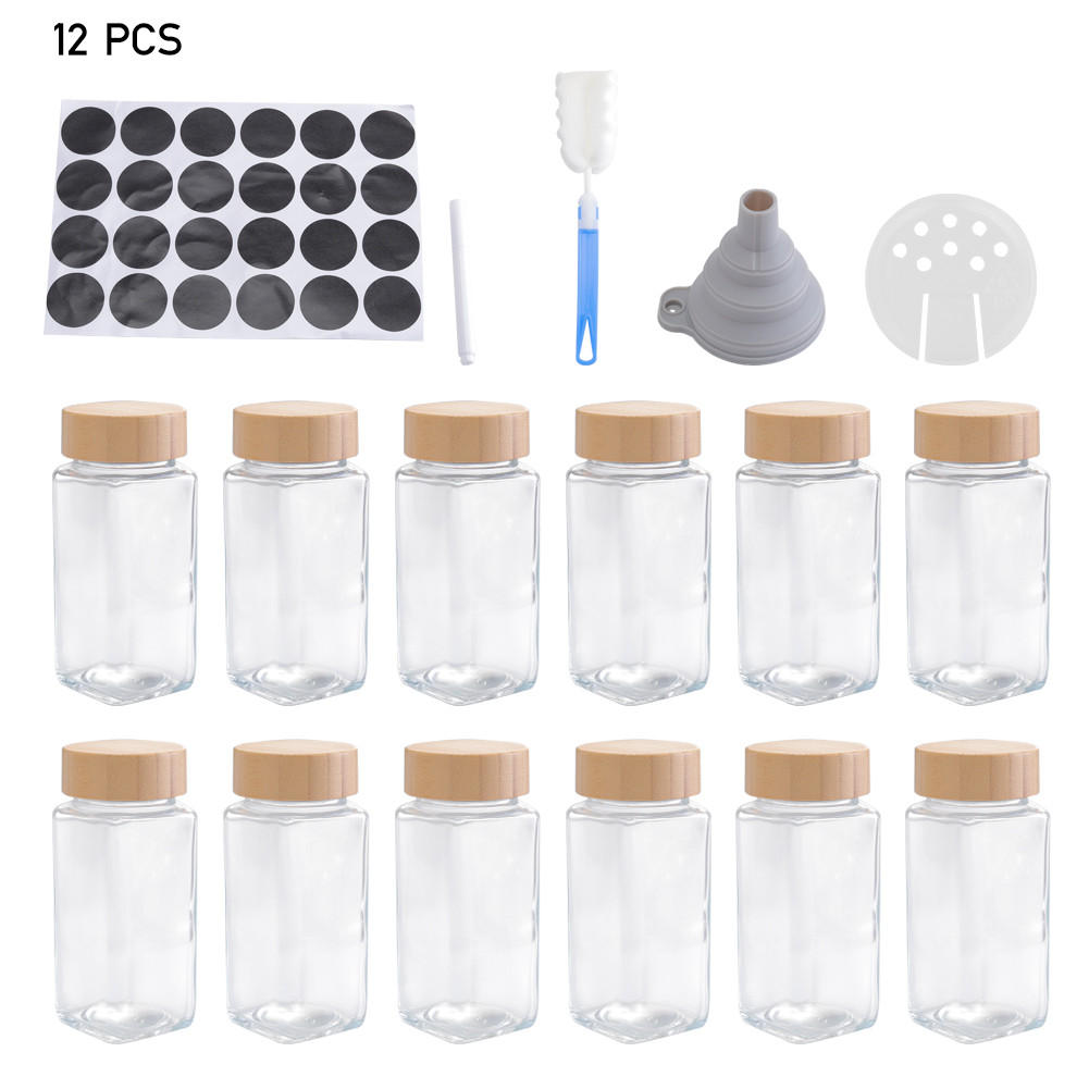 GEWÜRZGLAS-SET 12 Stück mit Bambusdeckel und 120ml Fassungsvermögen Glas/Bambus 4.5/4.5/10.5cm - Weiß, Glas/Holz (4.5/10.5/4.5cm) - Livingandhome