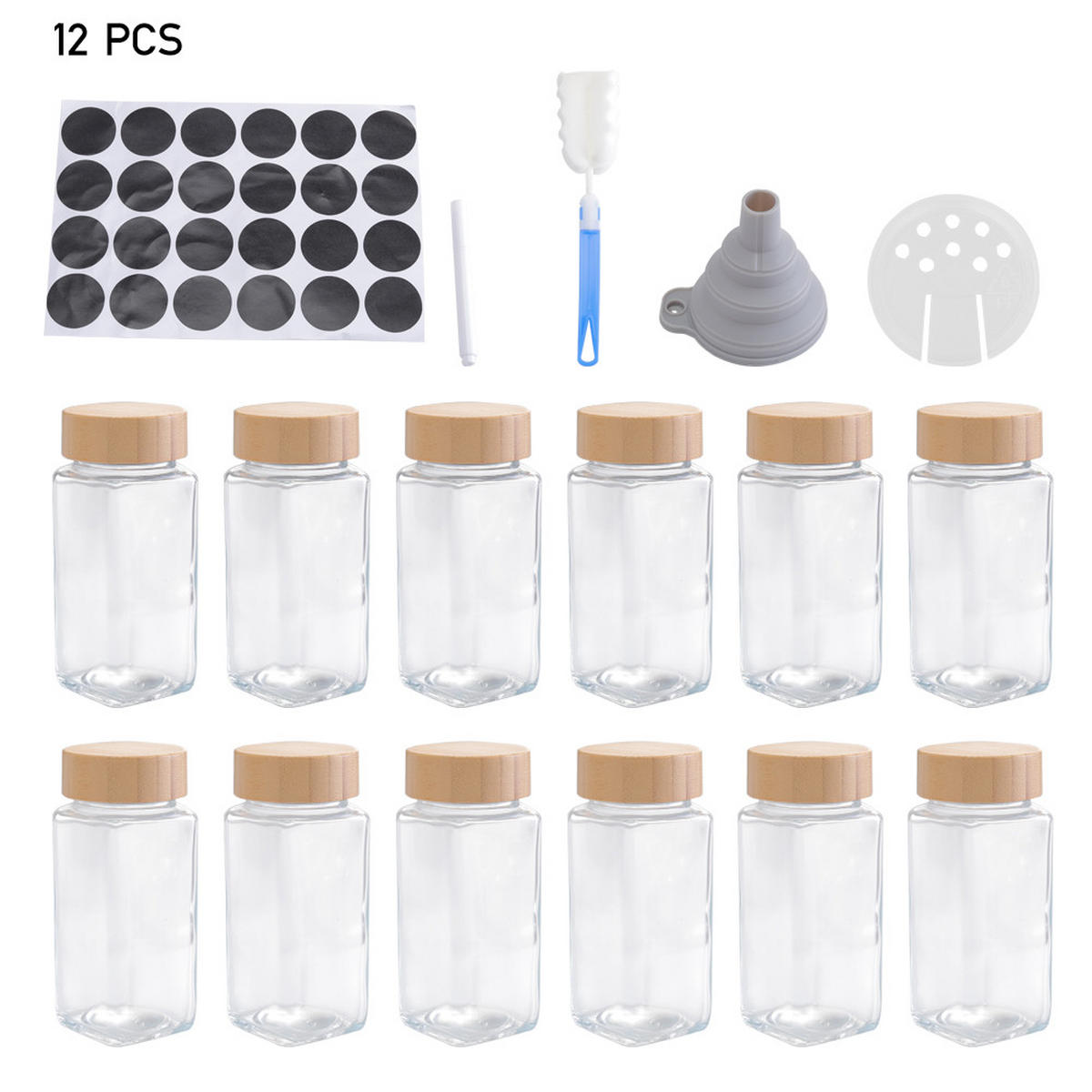 GEWÜRZDOSEN 12er-Set Glas Bambusdeckel - Transparent, Glas/Holz (4.5/10.5/4.5cm) - Livingandhome