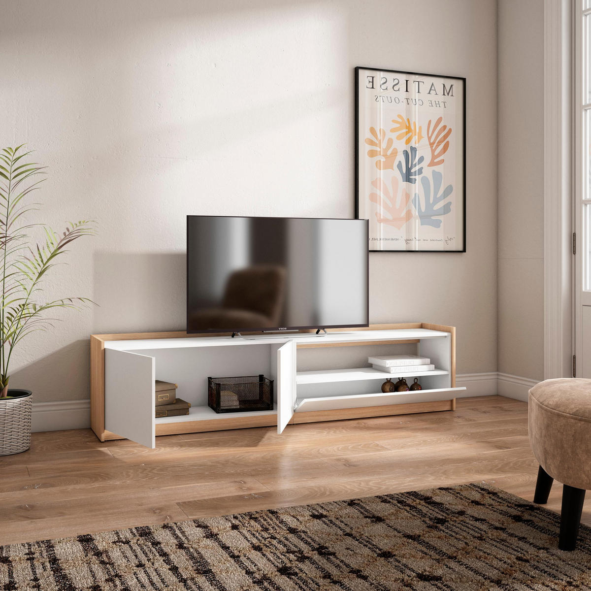 TV-SCHRANK, Lowboard, Weiß und Eiche Soft, 207/37/50cm - Weiß, Holzwerkstoff (207/50/37cm) - Skraut Home