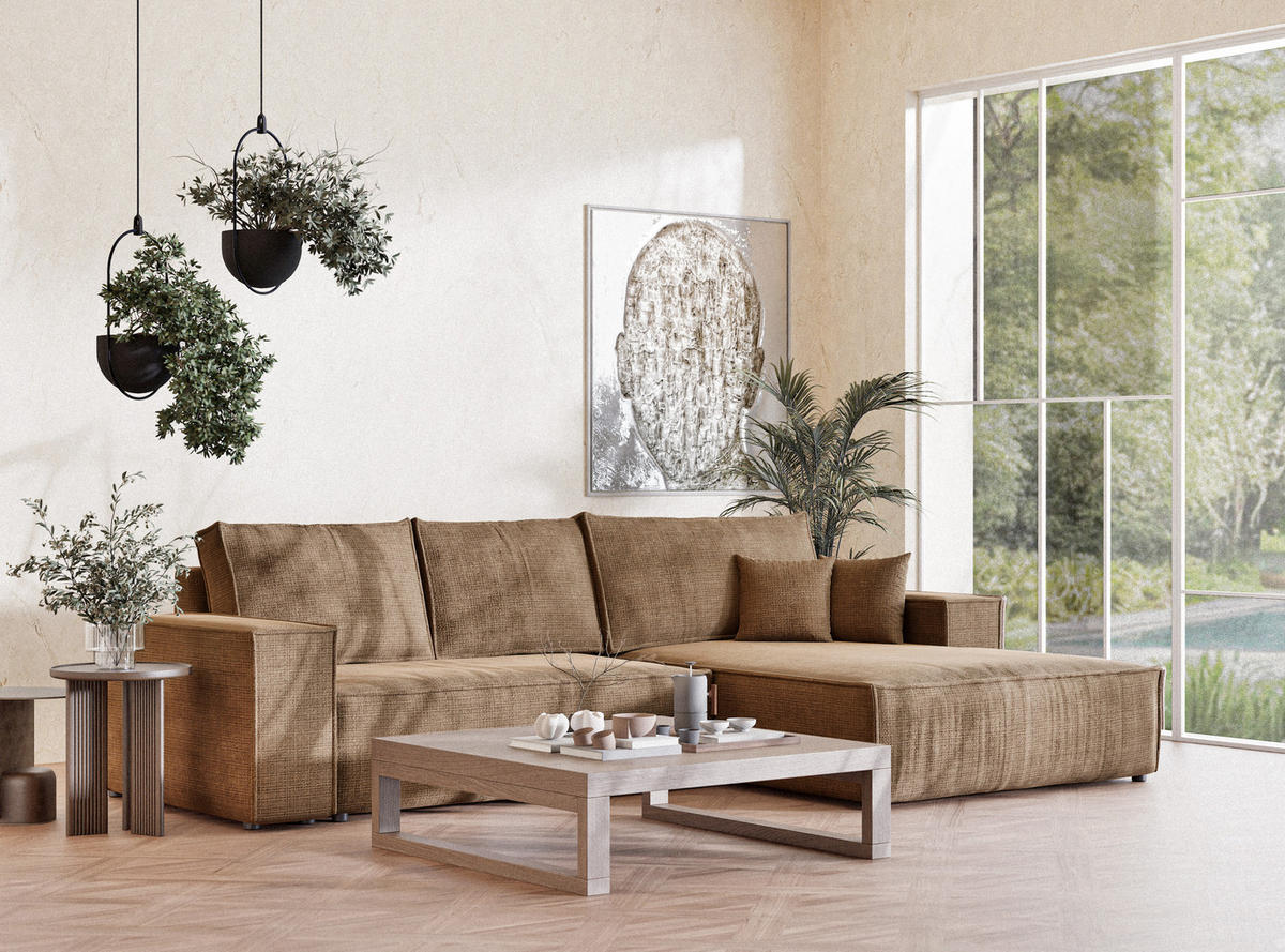 ECKSOFA Maze Hellbraun Chenille-Stoff - Rechts Seite - Hellbraun/Schwarz, Holz/Holzwerkstoff (294/185cm) - Maison de Reve