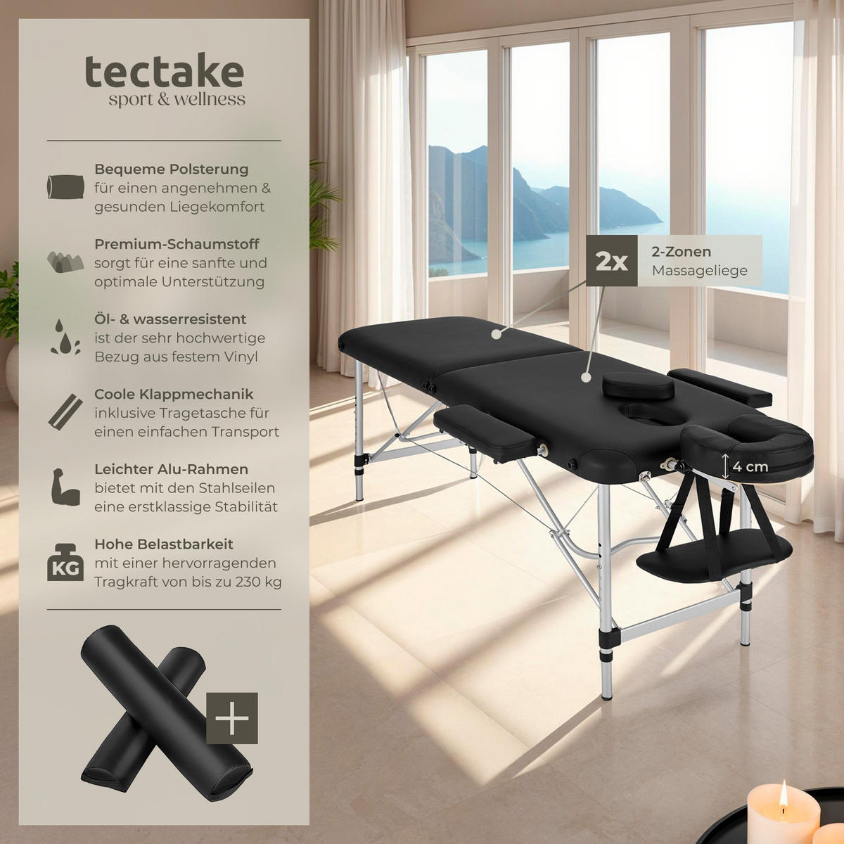MASSAGELIEGE 2 Zonen, 210 x 95 x 89 cm,schwarz - Schwarz, Metall (95/89/210cm) - tectake