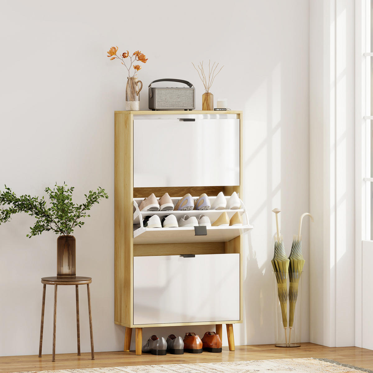 SCHUHSCHRANK DE-15048 3 Klapptüren, weiß Hochglanz, für bis zu 18 Paar Schuhe - Weiß, Holzwerkstoff (60/127/24cm) - ComfortXL