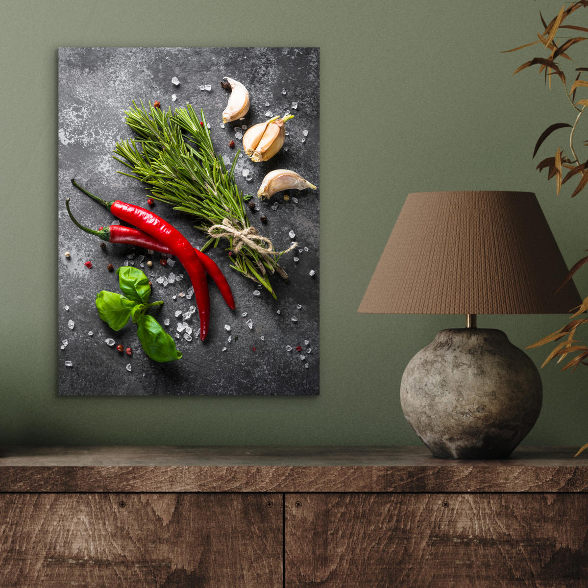 KOVOVÝ OBRAZ Korenie - bylinky - korenie - betón 30x40 cm - tmavosivá, kov (30/40cm) - MuchoWow