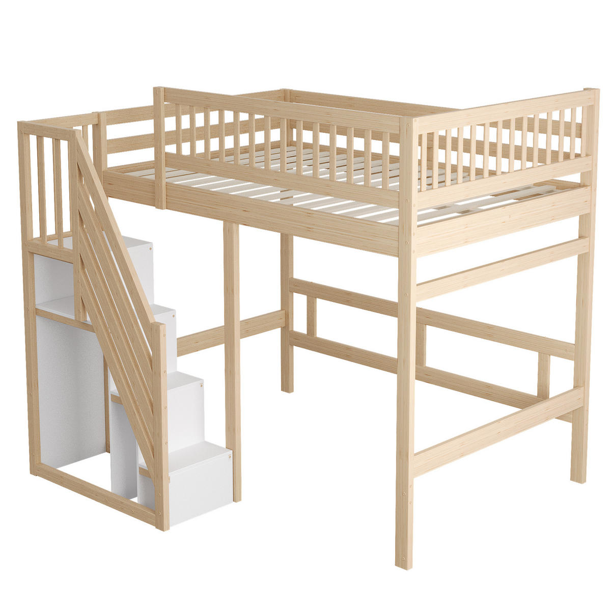 HOCHBETT 140/200 cm Natur Holz mit Stauraumtreppe ohne Matratze - Naturfarben, Holz (140/200cm) - MIVRAY