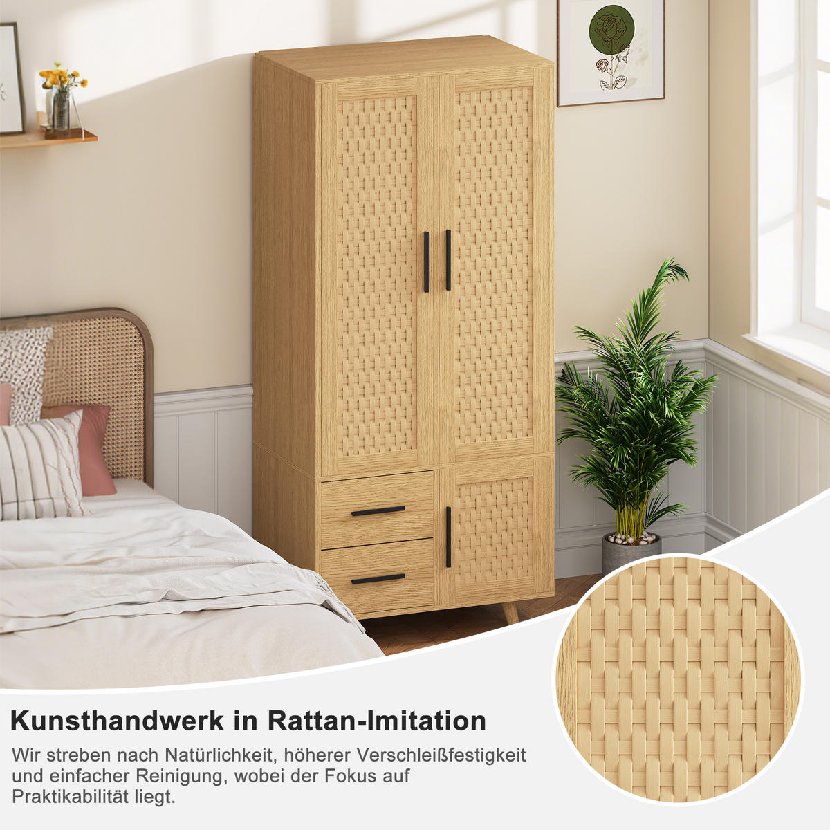 KLEIDERSCHRANK aus Rattan in Eichefarben, 2 Schubladen, integrierte Kleiderstange - Eichefarben, Holz (80/166/52cm) - EuroLiving