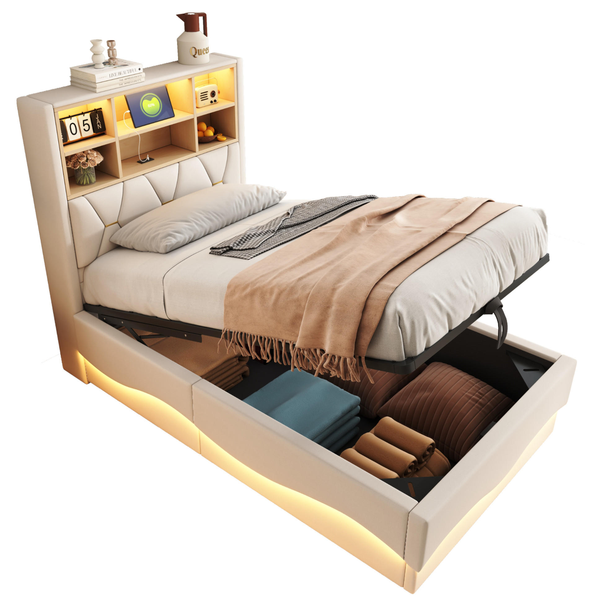 KINDERBETT 90/200 cm in Beige mit Stauraum, LED-Beleuchtung und USB-Anschluss - Beige, Metall (90/200cm) - Flora Grace