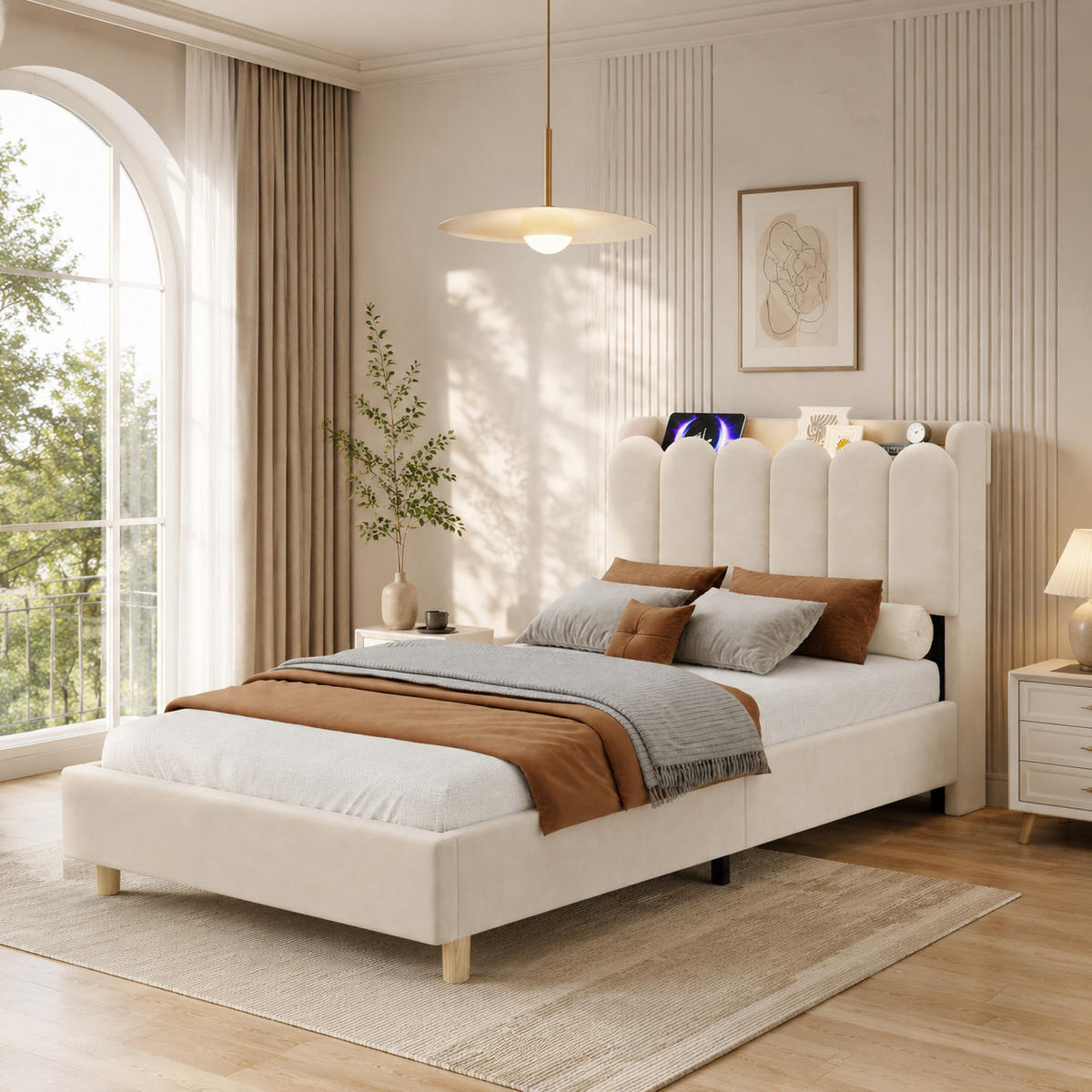 BETT 90/200 cm in Beige aus Samt mit Lattenrost und USB- und Type-C-Anschlüssen - Beige, Textil (90/200cm) - Flora Grace