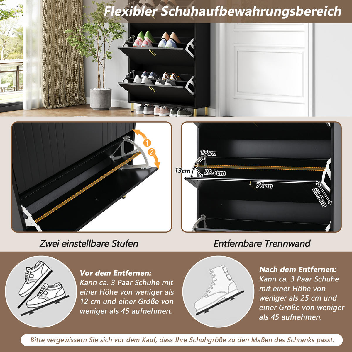 SCHUHSCHRANK 80/23/123,5 cm mit 3 Klappen, verstellbaren Einlegeböden und Ablagefläche, Schwarz - Schwarz, Holzwerkstoff (80/123.5/23.5cm) - Redom
