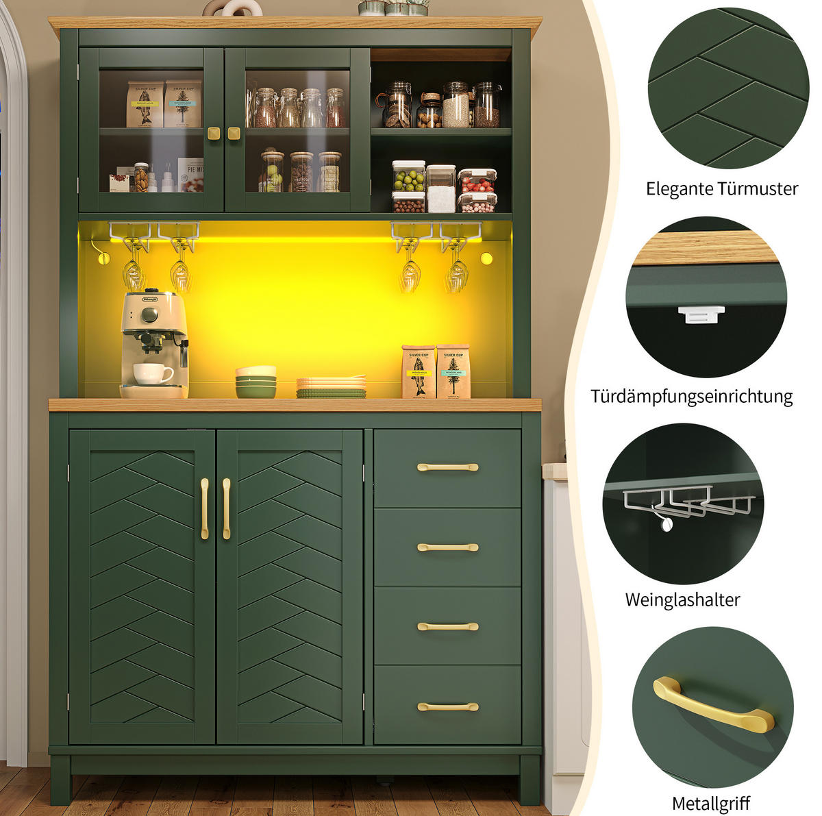 BUFFET 105,5/40/180 cm aus MDF mit LED-Lichtleiste und großem Stauraum Grün - Grün, Holzwerkstoff (105.5/180/40cm) - Modenvie