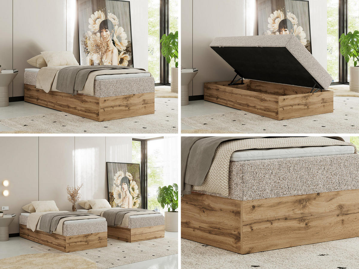 BOXBETT WOOD ZERO 90/200 - Beige Struktur - H4 - Topper Visco - Beige, Textil (90/200cm) - MKS
