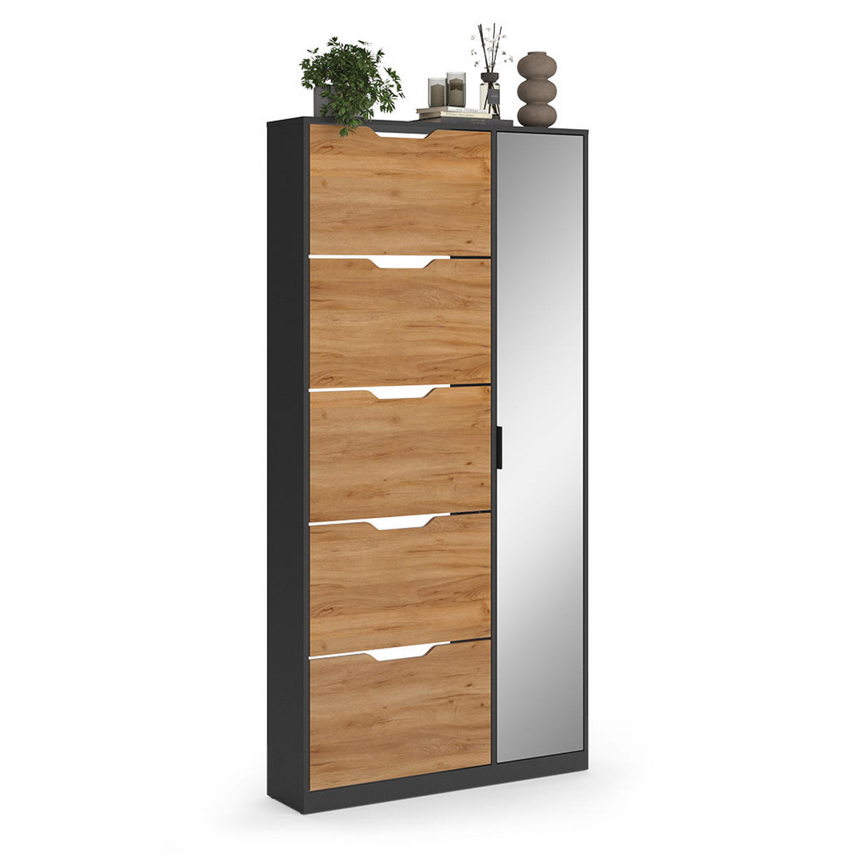 SCHUHKIPPER Luca, Anthrazit/Goldkraft Eiche, 90 x 180.5 cm mit 5 Kippfächern & Spiegel - Honigeiche/Anthrazit, Holzwerkstoff (90/180.5/22cm) - Vicco