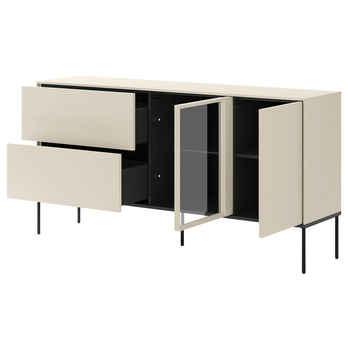 SIDEBORAD Bellezo mit beleuchteter Glasvitrine Creme 196 cm - Creme/Schwarz, Holzwerkstoff/Metall (166/85/41cm) - Selsey