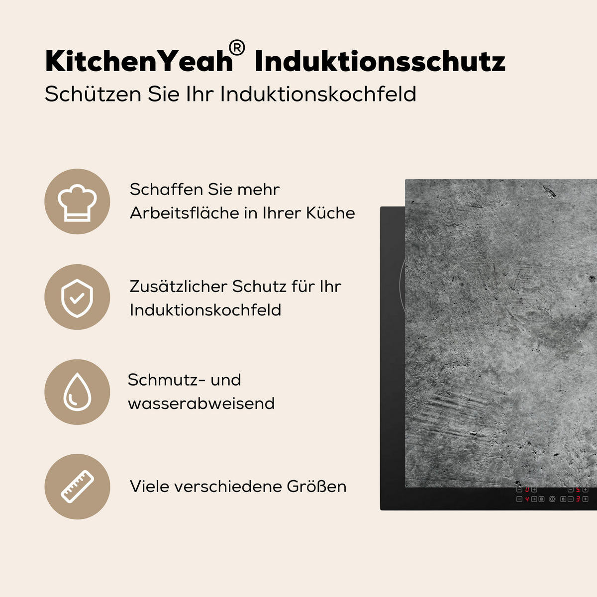 HERDABDECKPLATTE Beton - Schiefer - Grau -Betonstruktur Herdabdeckung Induktionsfeld 65x52 cm - Grau, Kunststoff (65/52/0.2cm) - MuchoWow