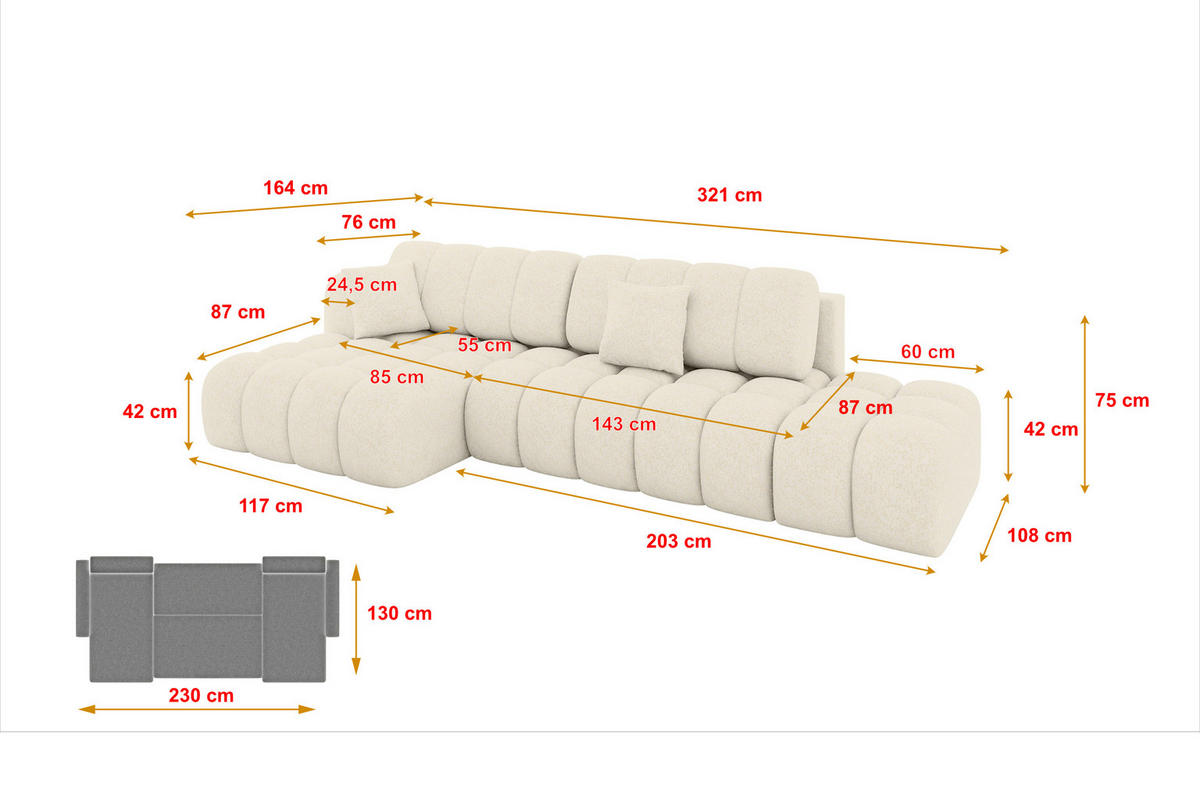 ECKSOFA mit Schlaffunktion Ottomane Links OLEA-L2 321x164x75 Creme Tissu - Creme/Schwarz, Holzwerkstoff/Kunststoff (321/164cm) - ALTDECOR